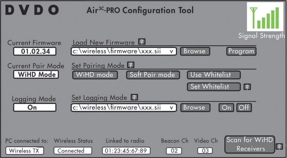 In der PRO-Variante des Air3C-Systems wird eine Konfigurations-Software mitgeliefert, mit der man die Signalstärke und die Auflösung überwachen kann.