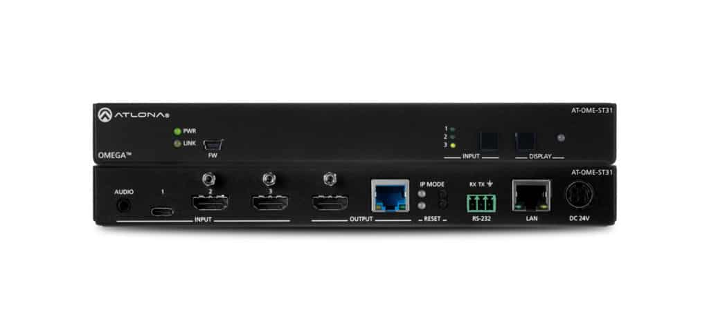 Atlona's OME-ST31 ist ein zwei HDMI- und ein USB-C-Eingangs 4K Video-Switcher mit gespiegeltem HDMI- und HDBaseT-Ausgang.