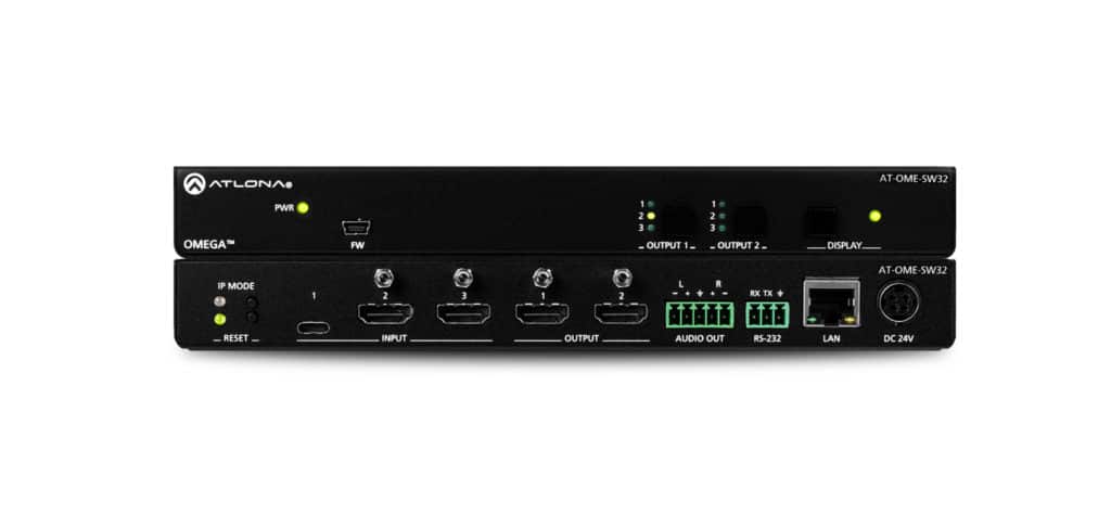 Der Atlona Omega AT-OME-SW32s 3x2 Matrix Switcher mit unterschiedlichen Switching-Modes, mit zwei HDMI- und einem USB-C-Eing, sowie zwei HDMI-Ausgänge.