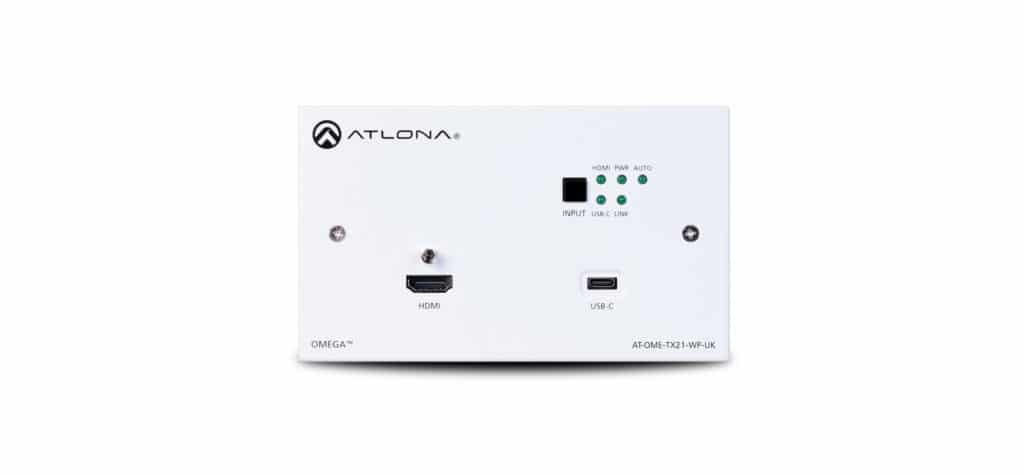 Das Atlona Omega Wandpanel mit HDMI und USB-C Eingang sowie HDBaseT Ausgang. Mit schwarzer und weißer Abdeckung.