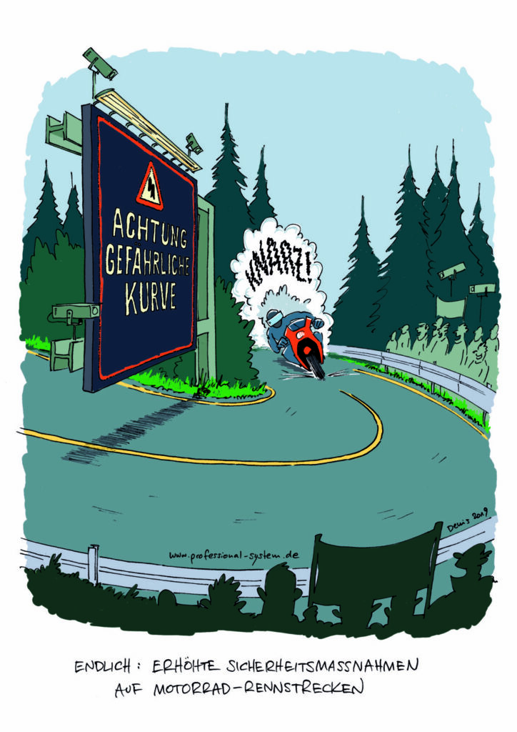 Cartoon mit Motorrad-Fahrer, der vor Kurve ist