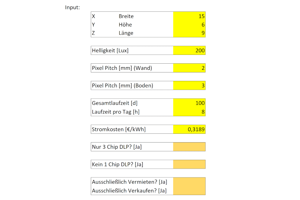 Inputfelder mit optionalen Filtern des Kalkulators
