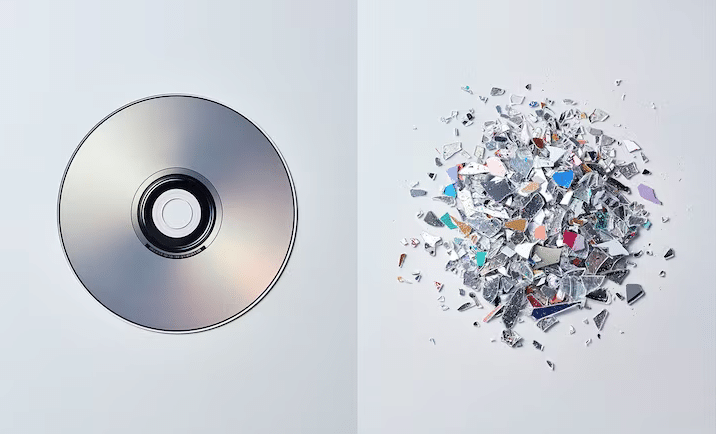 Links eine CD und rechts eine zerkleinerte CD