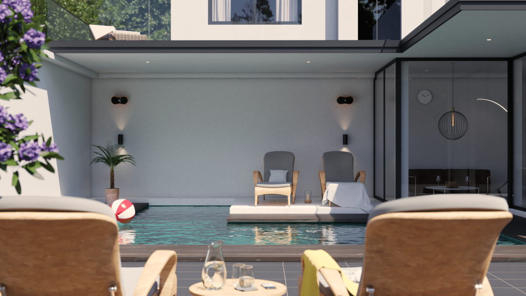 Pool mit Liegestühlen mit Nimbo-Design ausgestattet