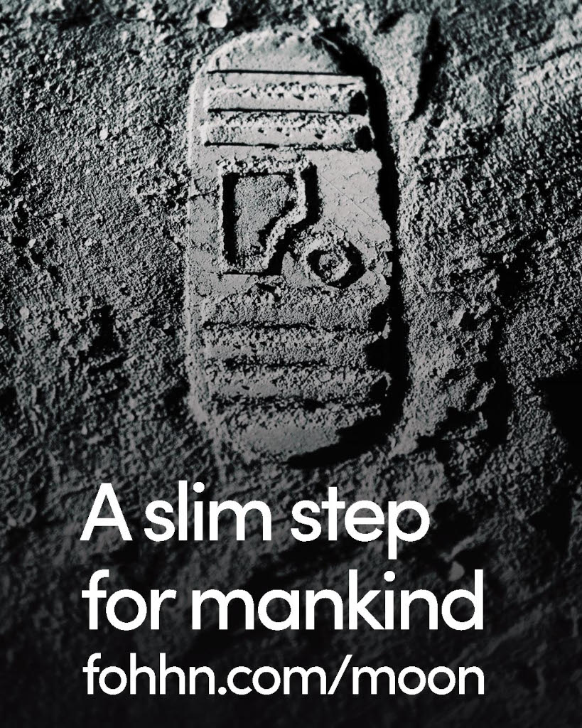 Fußabdruck mit Fohhn-Logo und Schriftzug "A slim step for mankind"