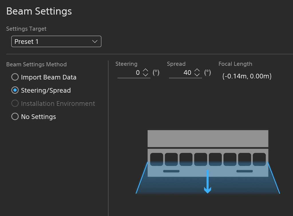 Beam Settings Screenshot, Neigungs-(Steering) und Öffnungswinkel (Spread). Über „Import Beam Data“ können Konfigurationen aus EASE Focus 3 geladen werden.