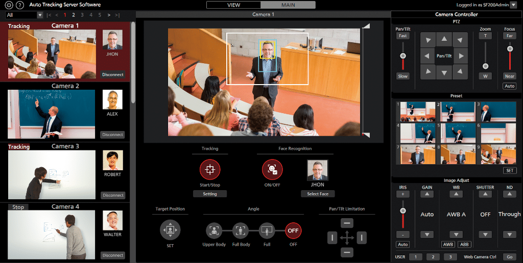 Panasonics AW-SF200 Auto-Tracking Server Software; Screenshot