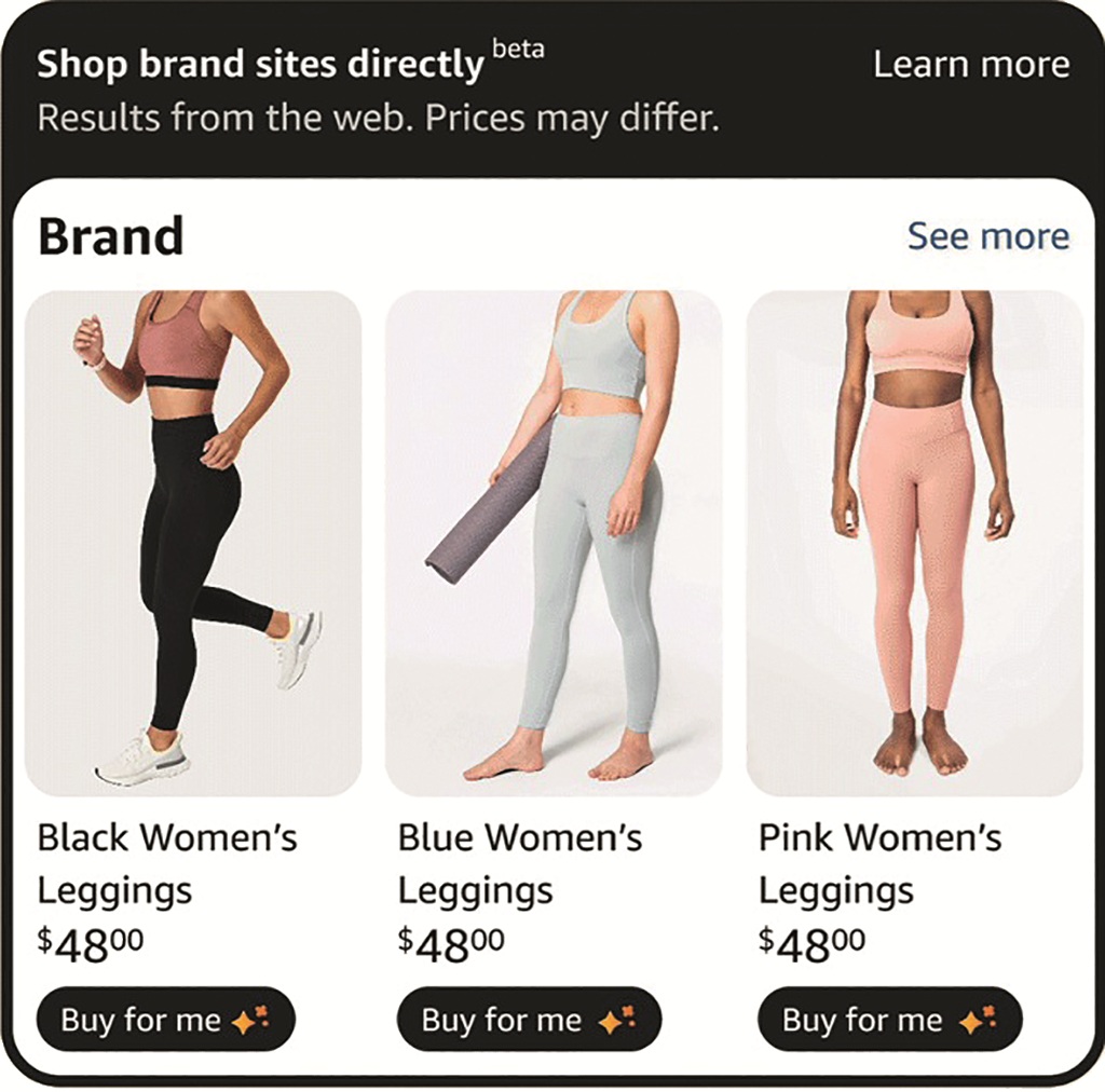 Screenshot von Amazons KI-Agenten-Beta, der drei Frauen im Sport-Dress zeigt