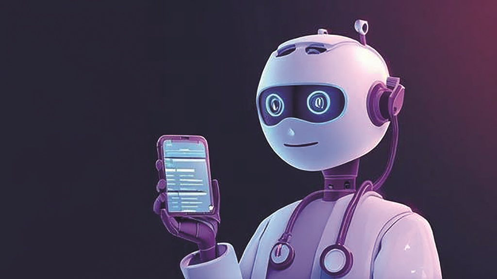 Knuffiger Roboter mit Handy in der Hand