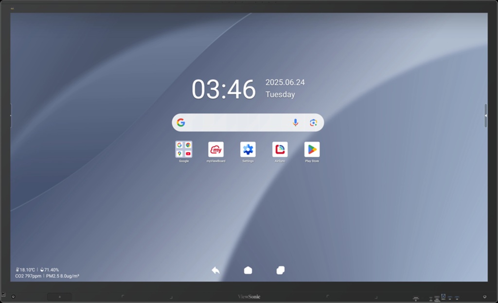 Blick auf die grau-blaue ViewBoard-Oberfläche mit Uhrzeit, Suchleiste und fünf Programm-Icons