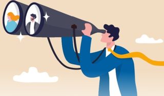 Zeichnung zeigt Mann, der mit überdimensionalem Fernrohr Ausschau hält