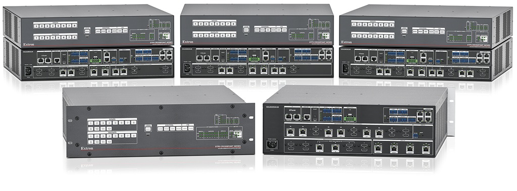 die fünf Matrix Switcher aufgereiht neben- und übereinander