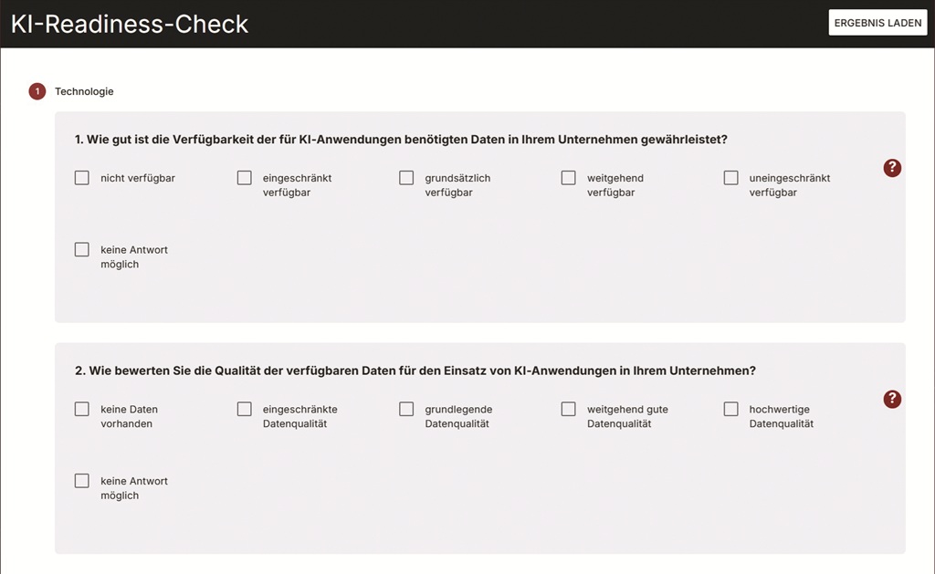 Online-Formular mit Angaben zum Ankreuzen