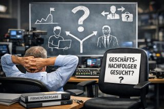 Mann mit verschränkten Armen vor Tafel mit großem Fragezeichen, umgeben von AV-Equipment