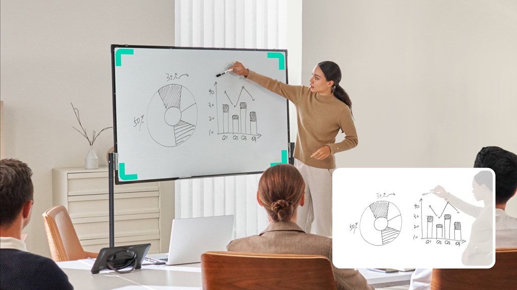 Im Whiteboard-Modus hebt die Insta360 Connect die Arbeitsfläche hervor.