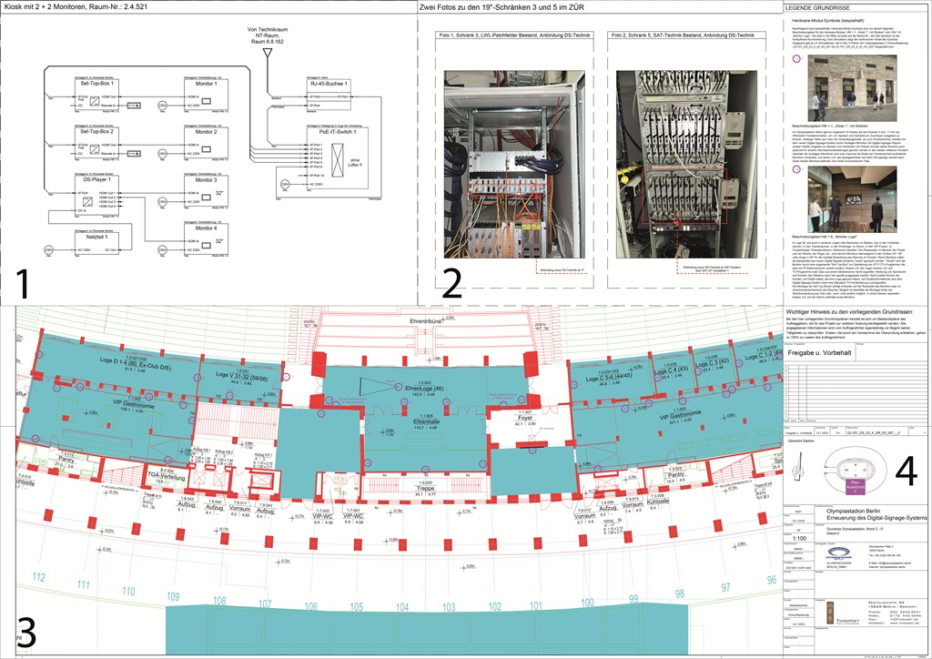 Collage aus Blockschaltbild eines Kiosks, einer SAT-Kopfstelle und vom Grundriss der Ebene 0 mit Ehrenloge und Ehrenhalle