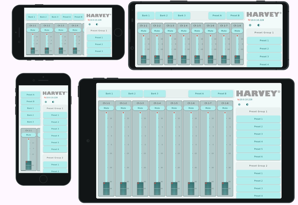 Vier Geräte von Tablet bis Smartphone, auf denen Harvey Touch MixerView zu sehen ist