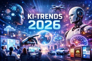 Symbolbild für KI-Trends mit Robotern, Autos, Computern und ähnlichem mehr