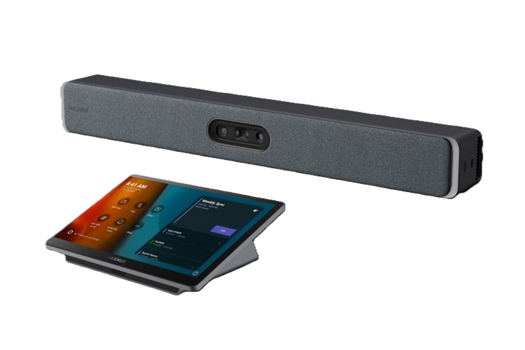 MAXHUBXbar W70Kit: schwarze Videobar und Touch-Display mit Bedienoberfläche 