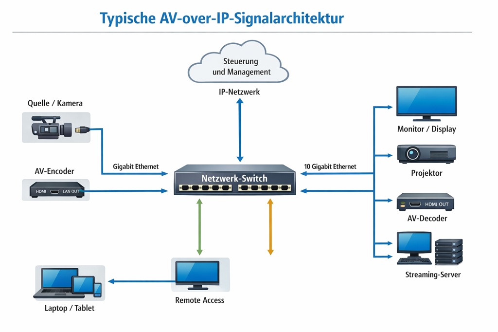 Schaubild zeigt AV-over-IP-Signalarchitektur
