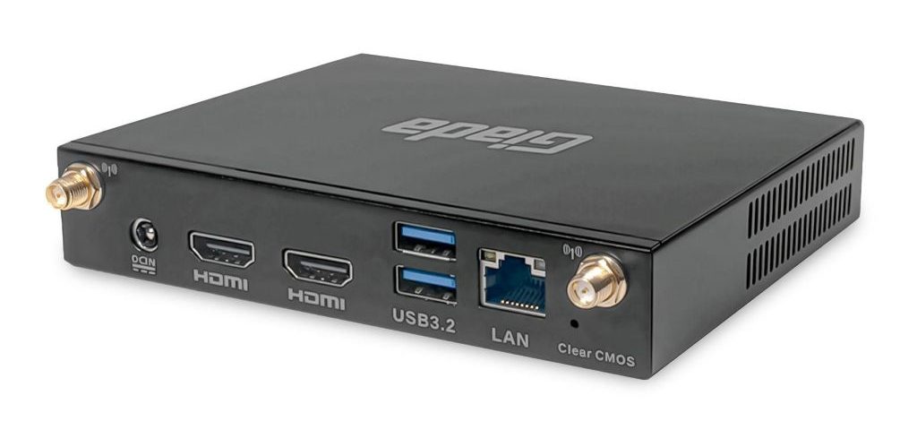 Rückseite des Giada DK320 Mini-PCs mit HDMI-, USB-3.2-, LAN- und Antennenanschlüssen